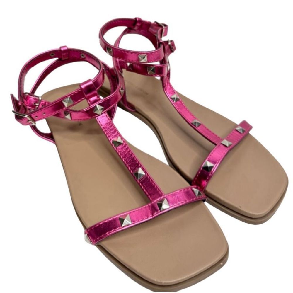 14th & Union Sandals Size 6.5 Finley Metallic Pink Studded Detail Square Toe